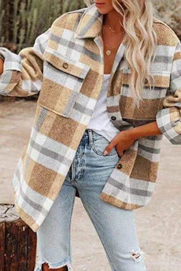 Street-Wave Women's Plaid Jacket With Front Pockets Oversized Cozy Everyday Outerwear For Chic Casual Looks