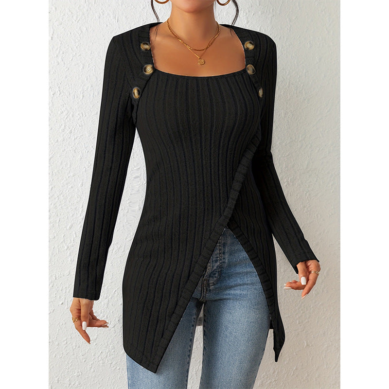 Street-wave Ribbed Knit Sweater For Women With Button Shoulder Details Cozy Modern Look