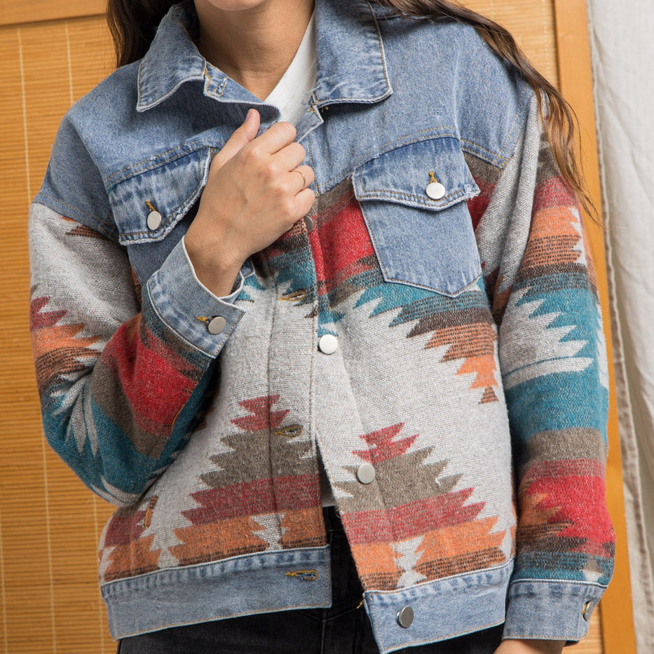 Street Wave Western Denim Jacket With Unique Boho Pattern For Timeless Comfort And Boho Fashion Lovers
