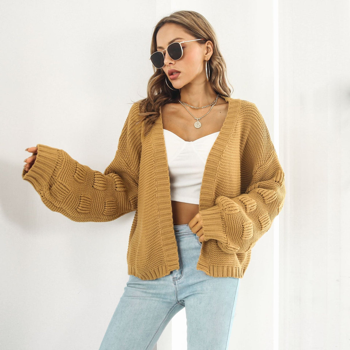 Street-wave Puff Sleeve Cardigan Sweater For Women Cozy Chunky Knit With Chic Volume Sleeves