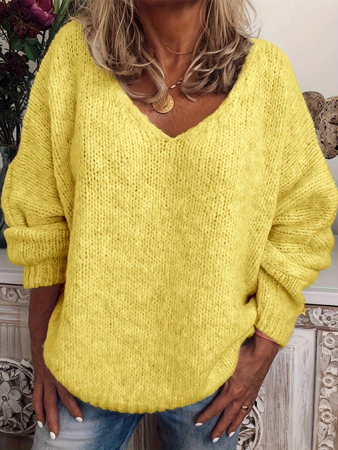 Street-Wave Oversized V-Neck Sweater for Women Cozy Knit Pullover Soft Polyester Warm Everyday Wear