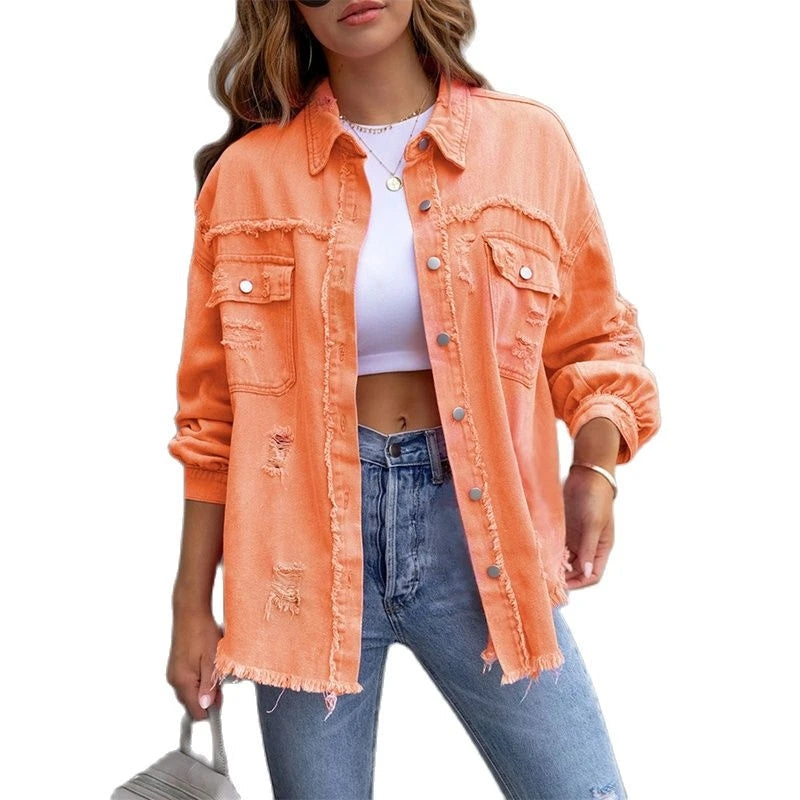 Street-Wave Pink Distressed Denim Jacket For Women Chic Versatile Streetwear Essential