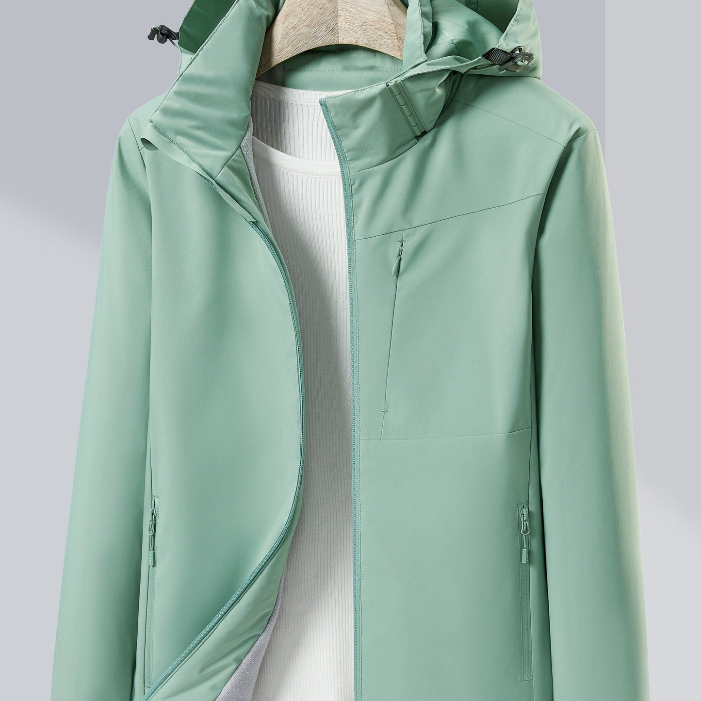 Street Wave Waterproof Hooded Jacket With Fleece Lining And Windproof Outer Pocket For Active Women