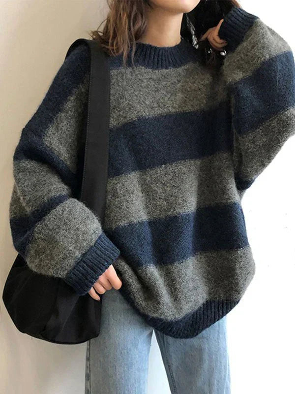 Street-wave Oversize Knit Sweater For Women Cozy Chunky Striped Pullover For Effortless Layering