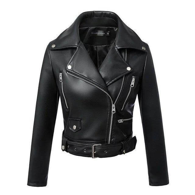 Street-Wave Faux Leather Biker Jacket For Women With Belted Waist Sleek Edgy Style