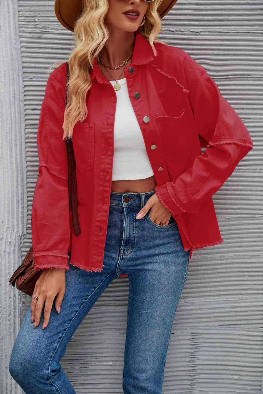 Street Wave Raw Hem Denim Jacket For Women With Collar And Button Front Unfinished Hem Cotton Blend