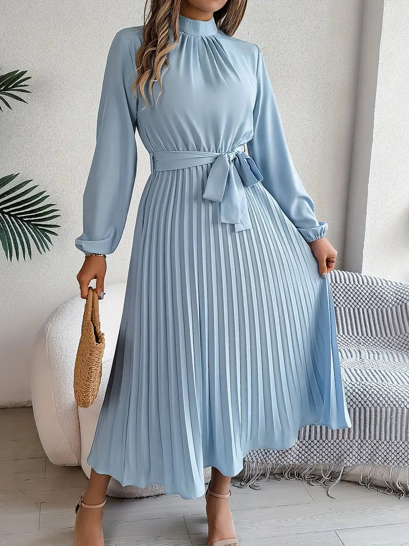 Street-wave Timeless Elegant Pleated Belt Maxi Dress With Stand Collar For Women