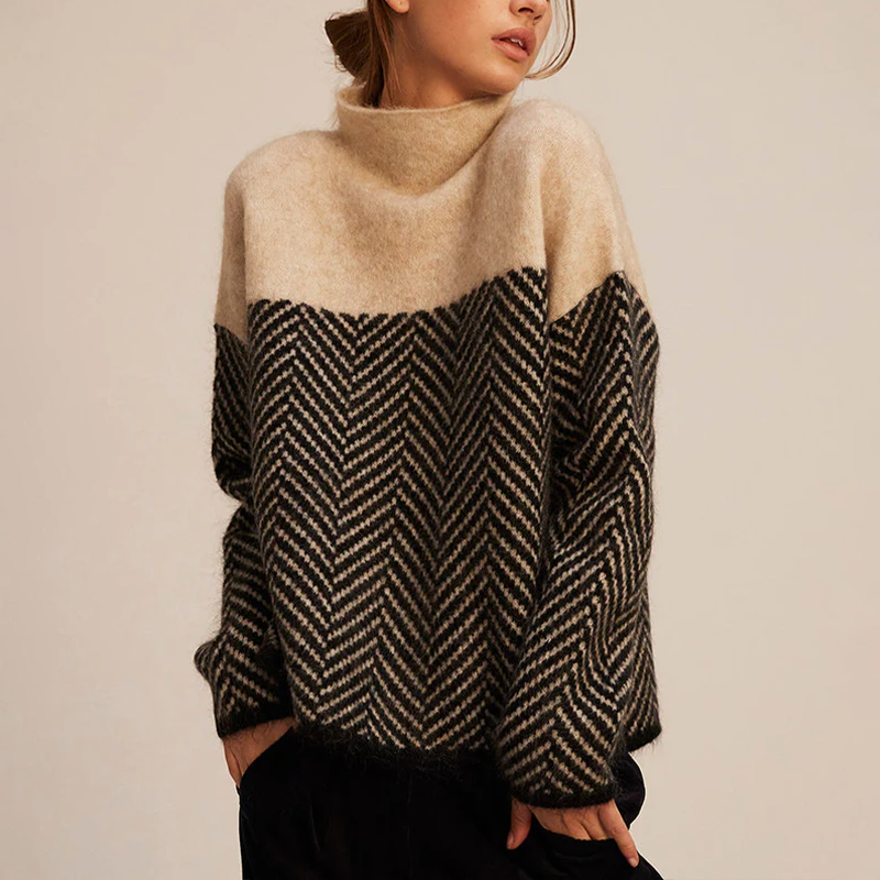 Street-wave Women's Classic Turtleneck Sweater With Herringbone Pattern Cozy Warmth Relaxed Fit