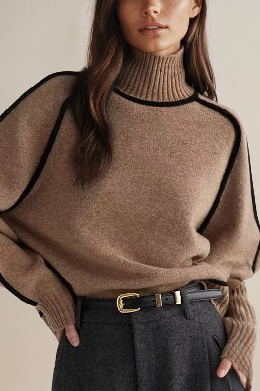 Street-wave Luxury Womens Turtleneck Pullover With Soft Knit And Black Piping For Everyday Elevation