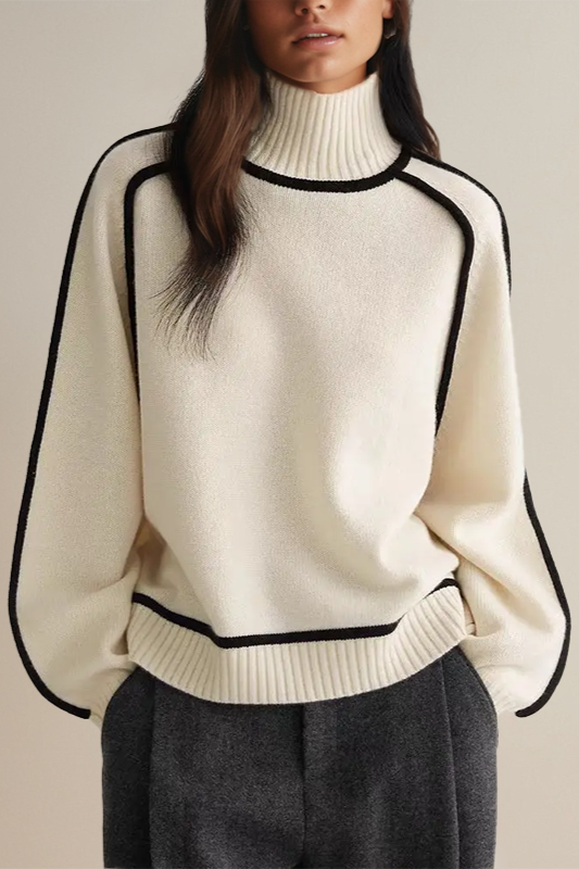Street-wave Luxury Womens Turtleneck Pullover With Soft Knit And Black Piping For Everyday Elevation