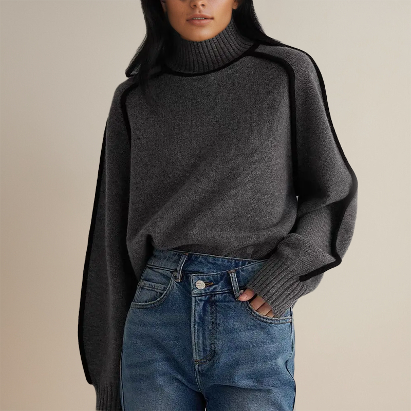 Street-Wave Women's Knit Turtleneck Sweater With 3D Stripe Design, Cozy Everyday Casual Pullover
