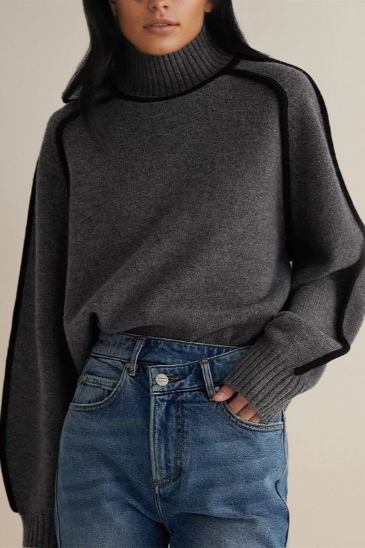 Street-wave Luxury Womens Turtleneck Pullover With Soft Knit And Black Piping For Everyday Elevation