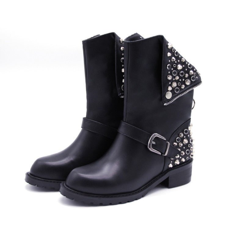Street-wave Women's Studded Biker Boots With Buckle Strap And Silver Studs Metallic Accents