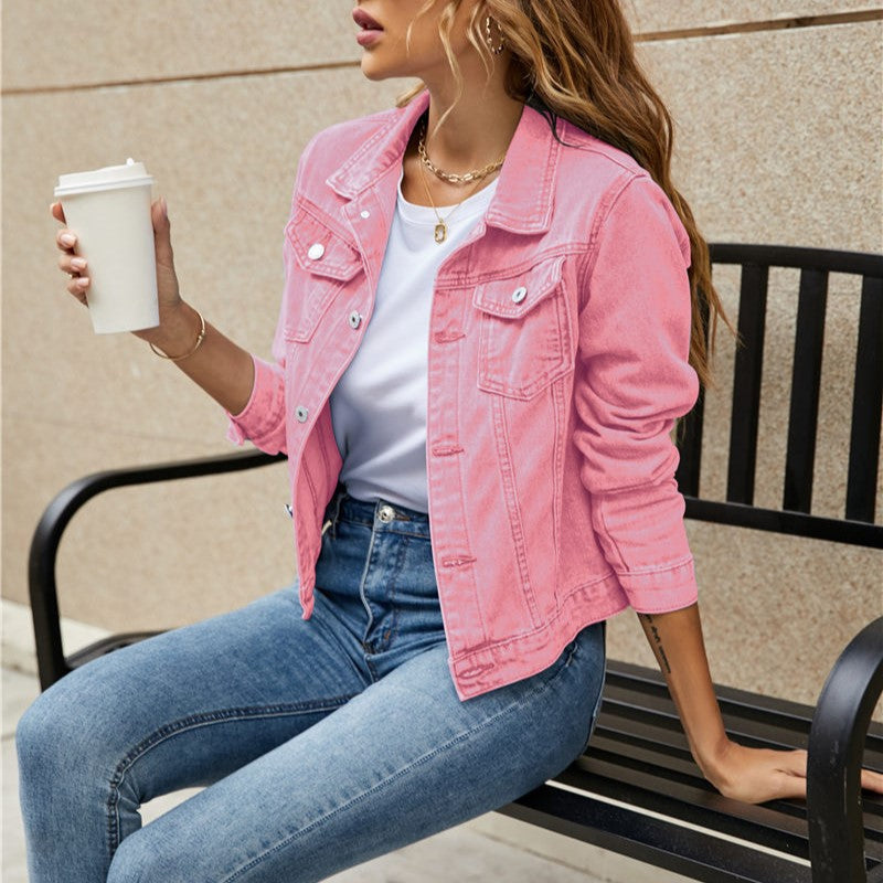 Street-Wave Womens Black Short Denim Jacket With Chest Pockets For Everyday Chic Style