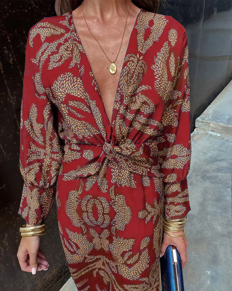 Women's Long Sleeve Maxi Dress with Flowing Skirt and Adjustable Waist