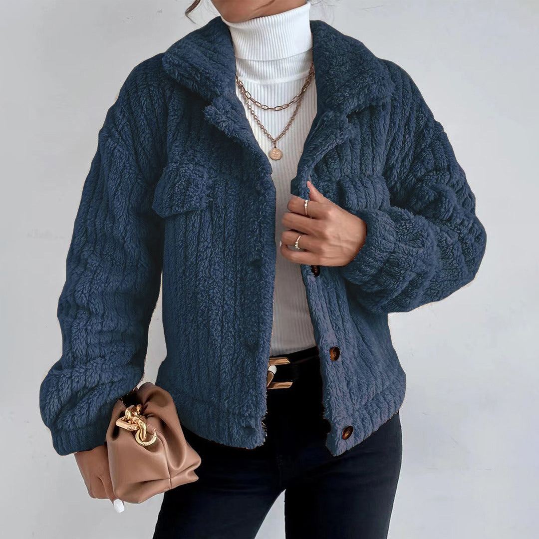 Street-wave Stylish Short Fleece Coat For Women With Cozy Texture And Front Pockets