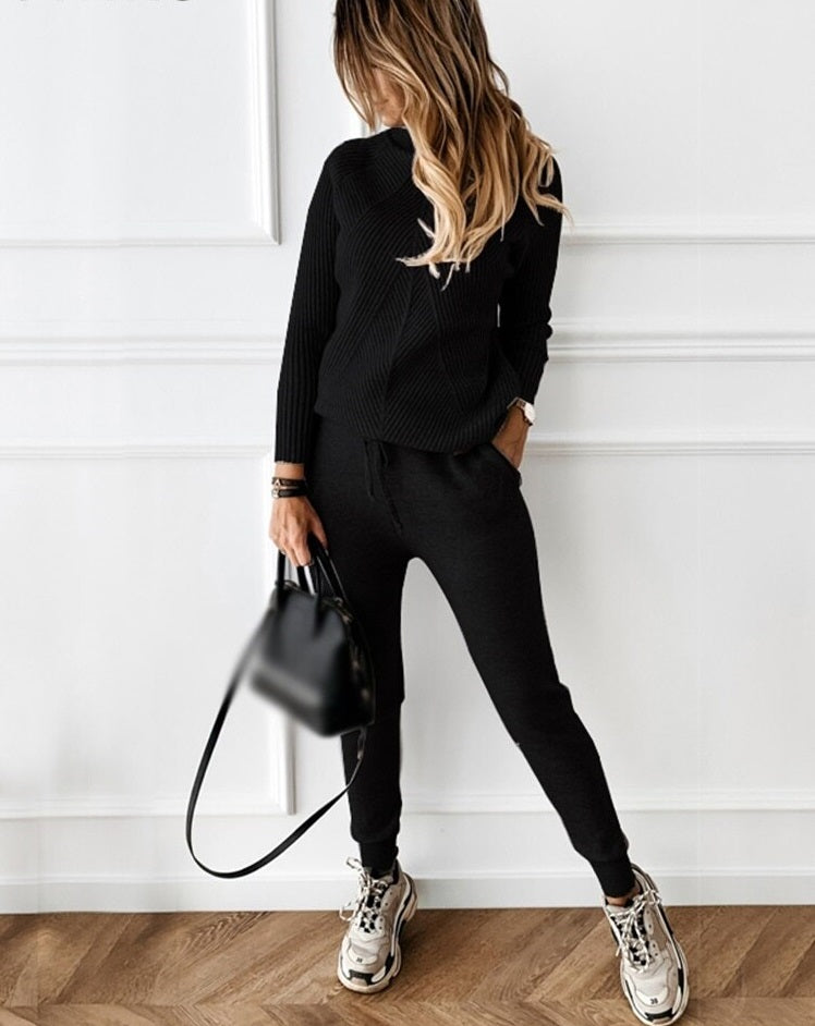 Nordisk-Flair Womens Two-Piece Jogging Suit Ribbed Knit Cozy Drawstring Waist