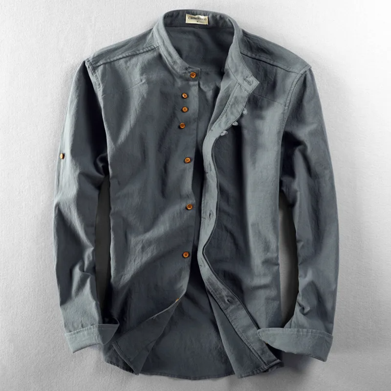 Street-Wave Men Slim Fit Linen Mandarin Collar Shirt With Button Front Long Sleeve Hip Length For Casual Wear