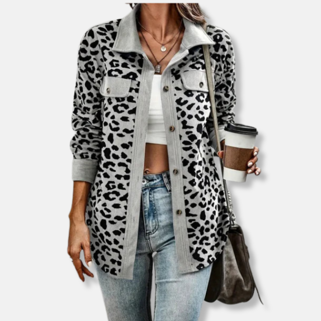 Women’s Shacket – Relaxed Fit – Corduroy Ribbed Texture – Animal Print – Button-Up Long Sleeve
