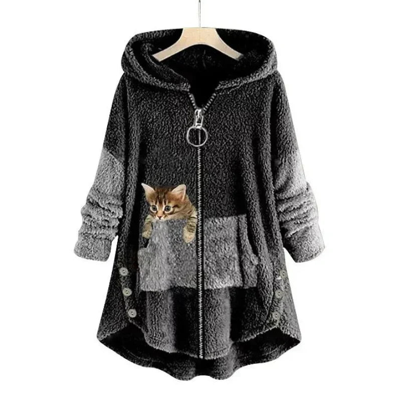 Streetwave Cozy Plush Hooded Jacket For Women With Cat Patch Pockets And Warmth For Winter Style