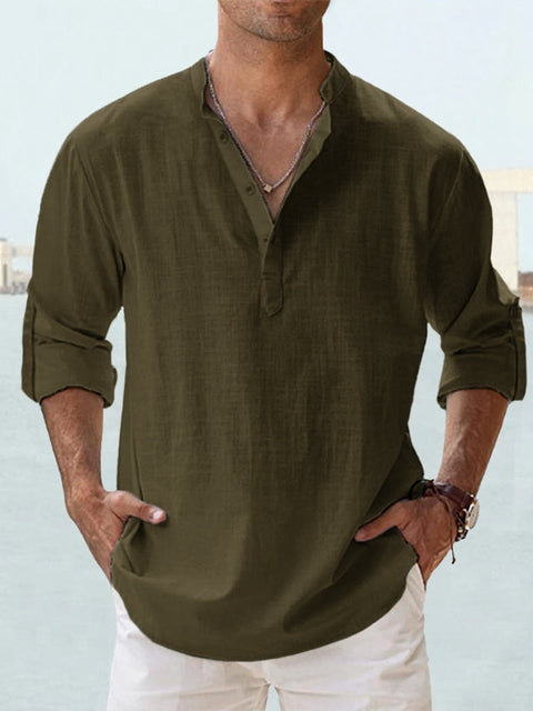 Men's Relaxed Fit Grandad Collar Shirt With Long Sleeves In Sustainable Lightweight Fabric