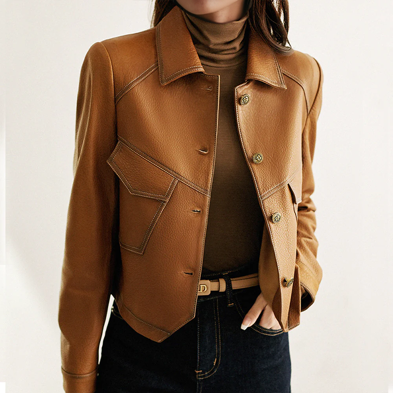 Street-Wave Brown Leather Jacket For Women Versatile Day To Night Chic Essential