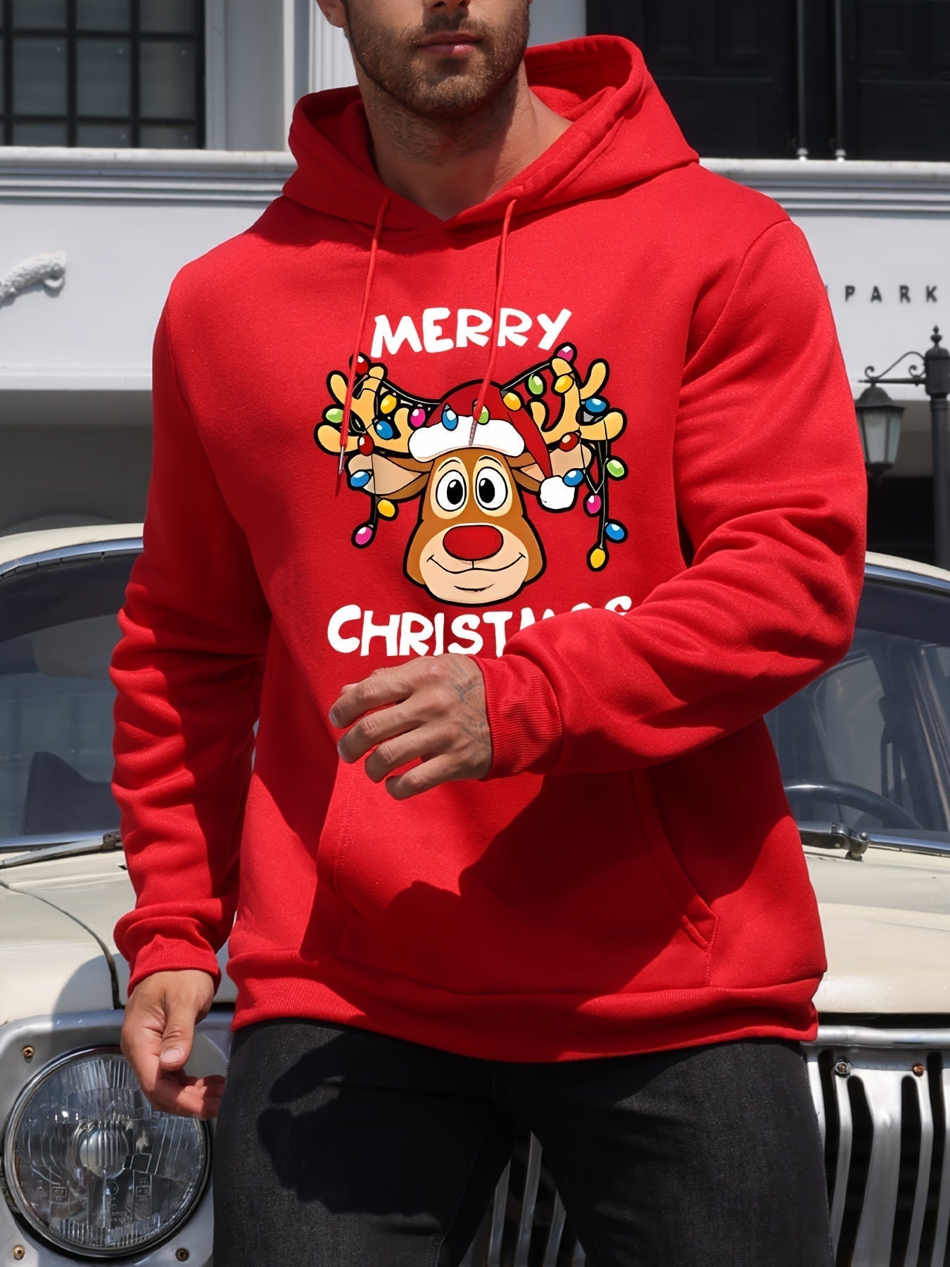 Street-Wave Christmas Hoodie With Reindeer Print Polyester Cozy Festive Design For Holiday Shoppers