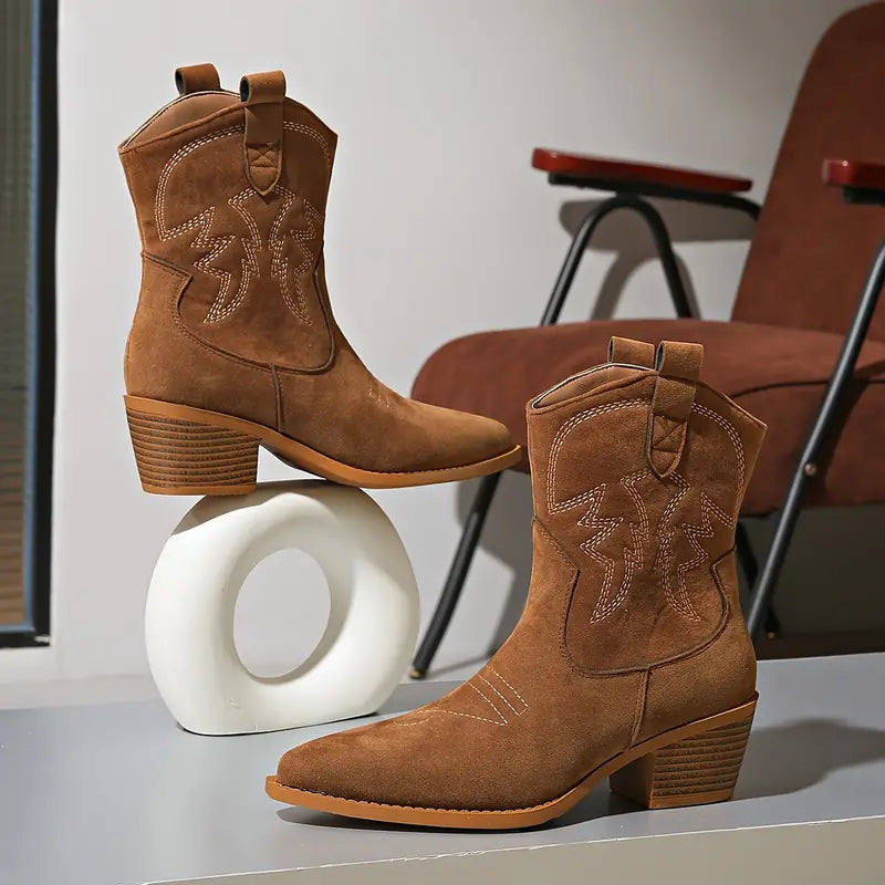 Street-Wave Embroidered Western Boots For Women Durable Leather Cowboy Boots With Block Heel