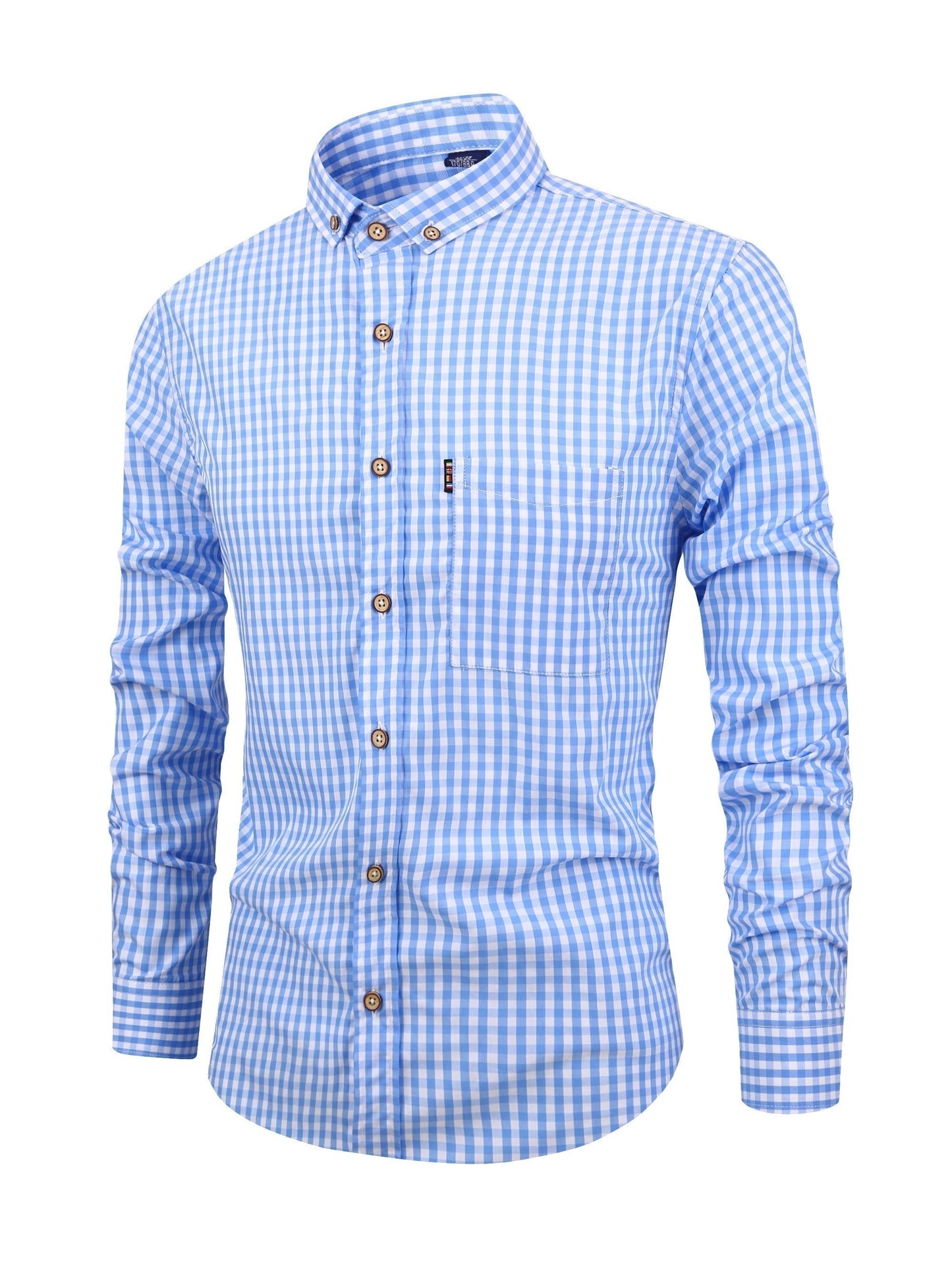 Men's Slim Fit Gingham Shirt With Button Collar And Long Sleeves Classic Pattern