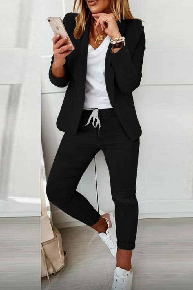 Street-wave Women's Blazer Set With Drawstring Trousers Versatile Chic Professional Outfit