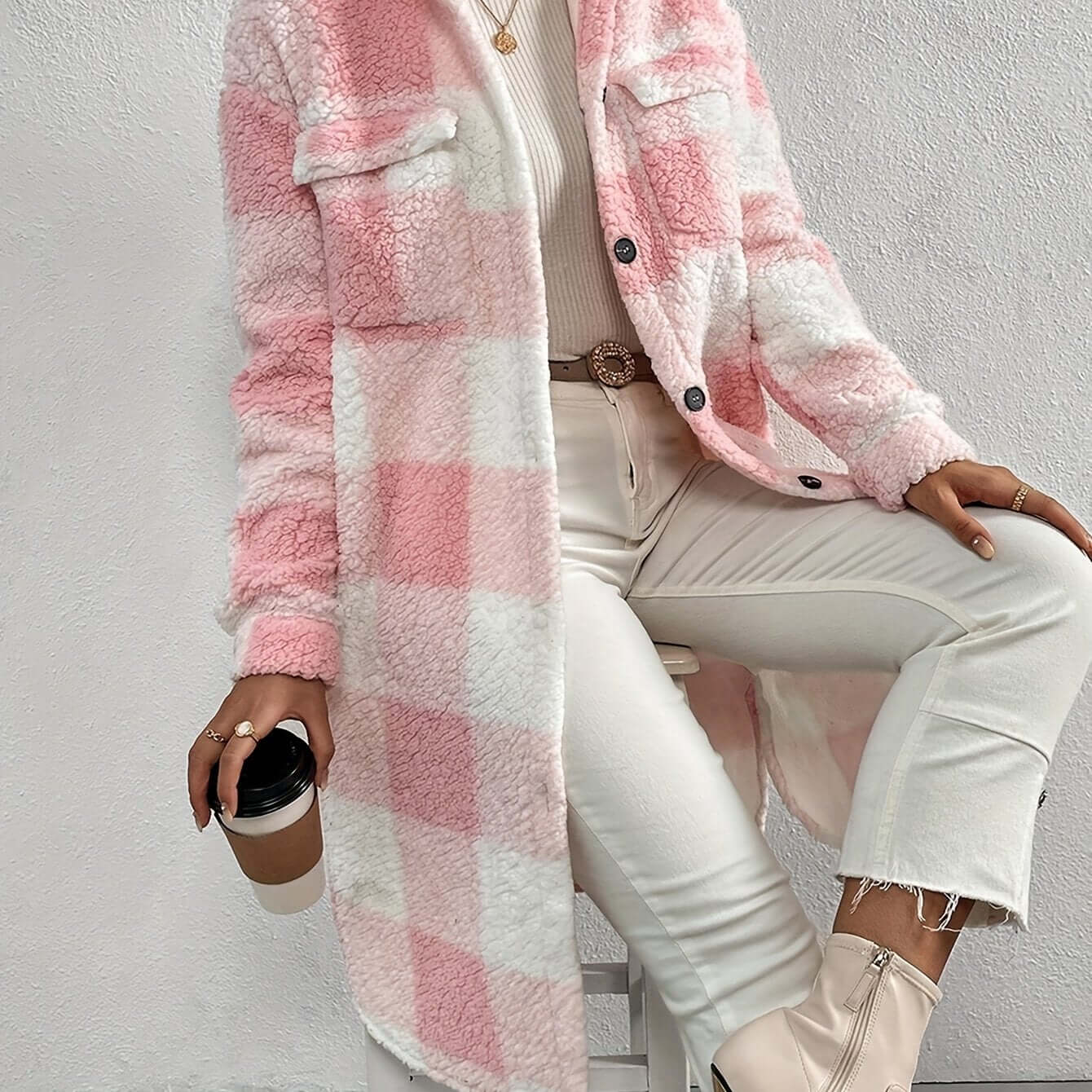 Street Wave Pink Checkered Teddy Coat For Women Warm Cozy Oversized Longline Winter Outerwear