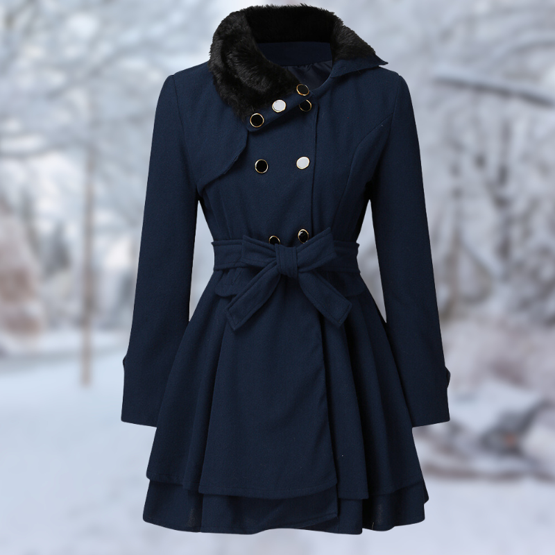Street-Wave Red Wool Coat For Women With Elegant Belted Silhouette And Black Faux Fur Collar For Winter