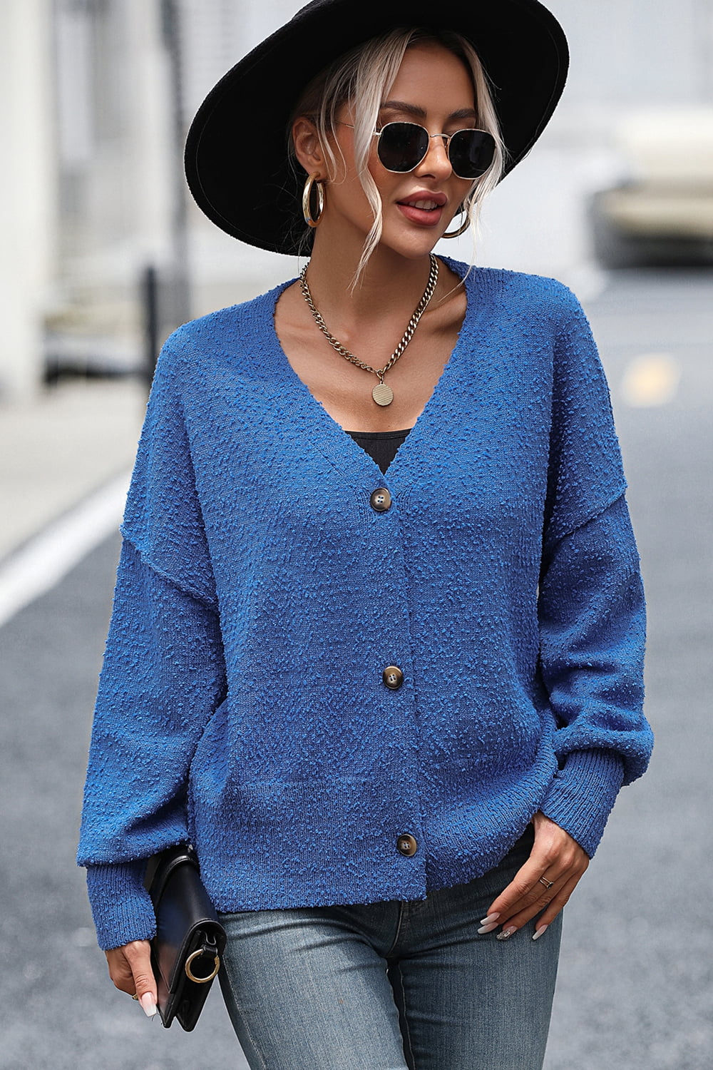 Street Wave Cardigan With Dropped Shoulders For Women Cozy Textured Boucle Knit Lightweight Comfort