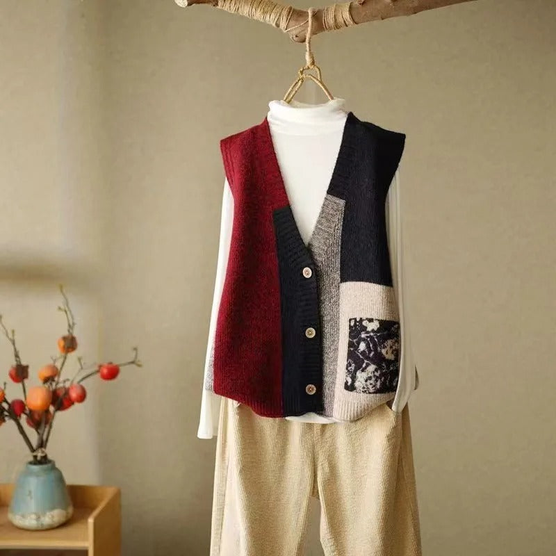Street-Wave Patchwork Vest For Women - Bold Block Color Design With Cozy Knit Texture