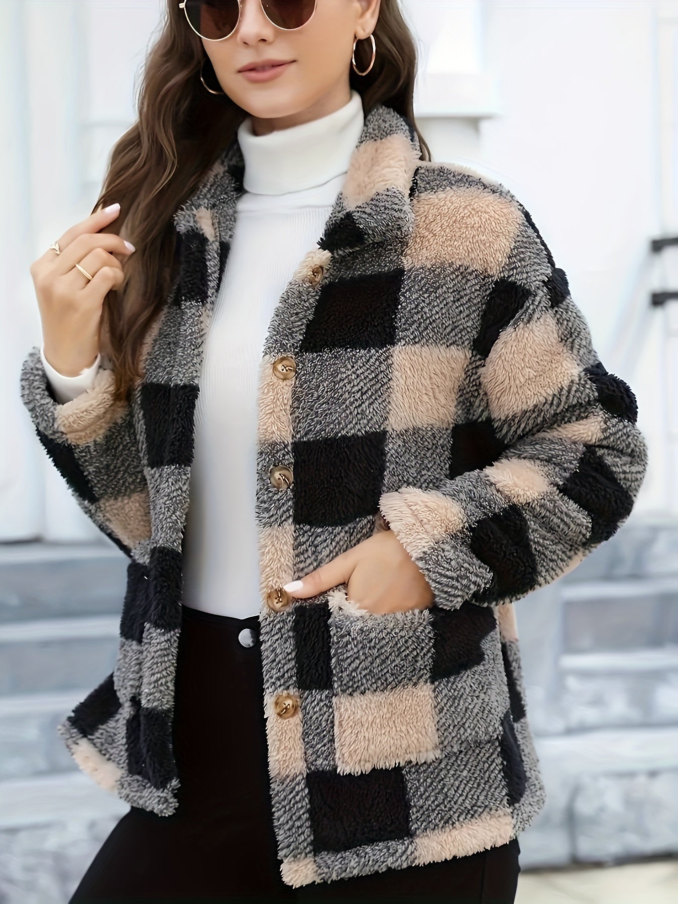 Street-Wave Women Plush Teddy Jacket With Button Closure And Pockets Polyester Warm And Stylish Plaid Coat
