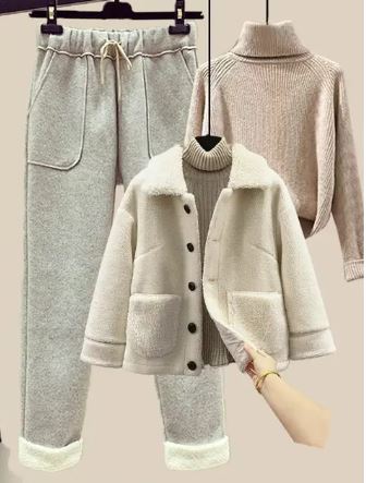Street-wave Three-Piece Winter Set For Women Warm Jacket Soft Pullover And Cozy Pants