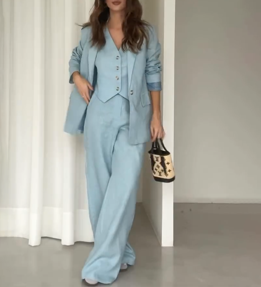 Streetwave Blue Three Piece Womens Suit Set With Blazer Vest And Pants For Elegant Office Wear