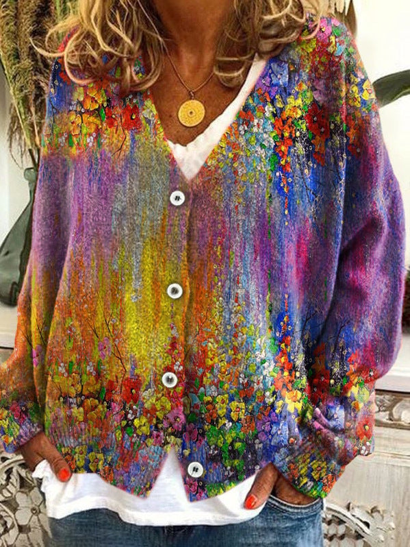 Street-Wave Colorful Women's Cardigan Coat Bold Floral PaintSplash Outerwear Warm Cozy