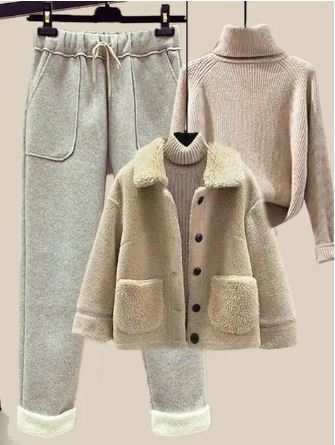 Street-wave Three-Piece Winter Set For Women Warm Jacket Soft Pullover And Cozy Pants