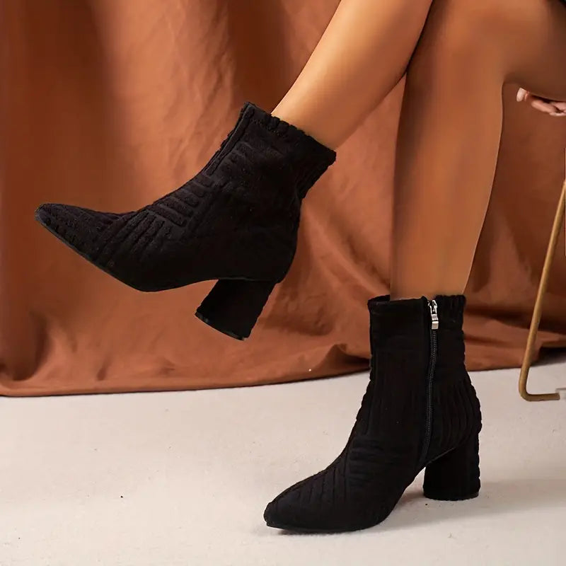 Street-Wave Pointed Toe Ankle Boots With Side Zipper Chic Chunky Heel For Women Everyday