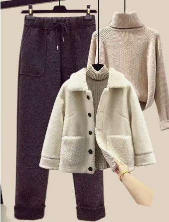 Street-wave Three-Piece Winter Set For Women Warm Jacket Soft Pullover And Cozy Pants