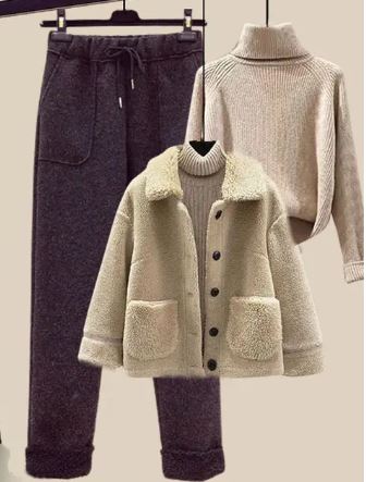 Street-wave Three-Piece Winter Set For Women Warm Jacket Soft Pullover And Cozy Pants