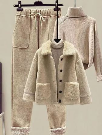 Street-wave Three-Piece Winter Set For Women Warm Jacket Soft Pullover And Cozy Pants