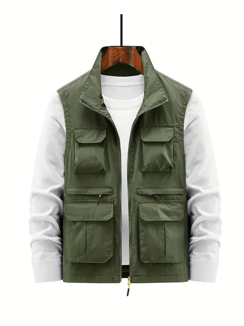 Street-Wave Mens Utility Vest With Multiple Pockets And Zipper For Urban Everyday