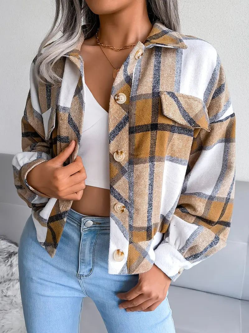 Street Wave Plaid Flannel Jacket For Women Short Cut Cozy Warm Khaki Everyday Chic