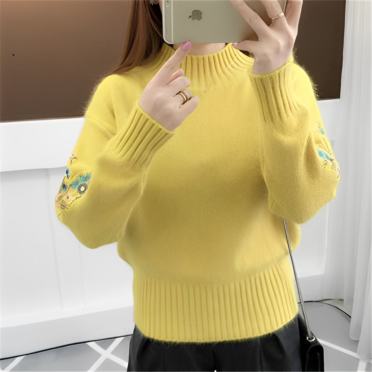 Maureen Knit Pullover With Embroidered Sleeves For Women Oversized Rollneck Warm Soft Knit Streetwave