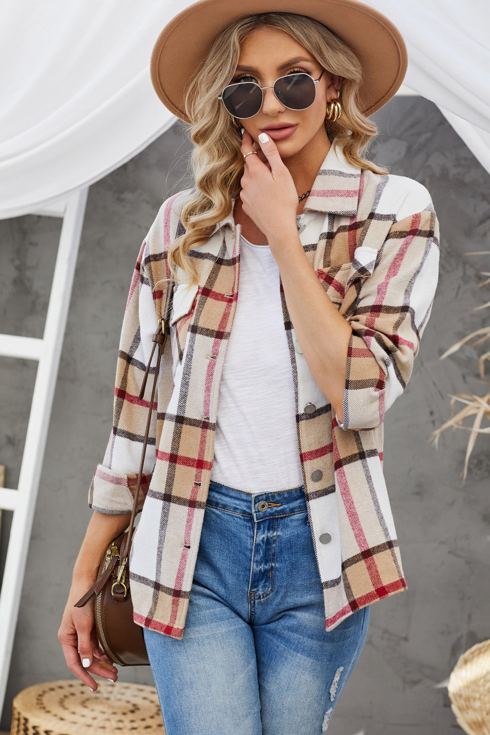 Street Wave Women's Plaid Button Up Shirt Jacket With Dropped Shoulders Effortless Casual Outerwear