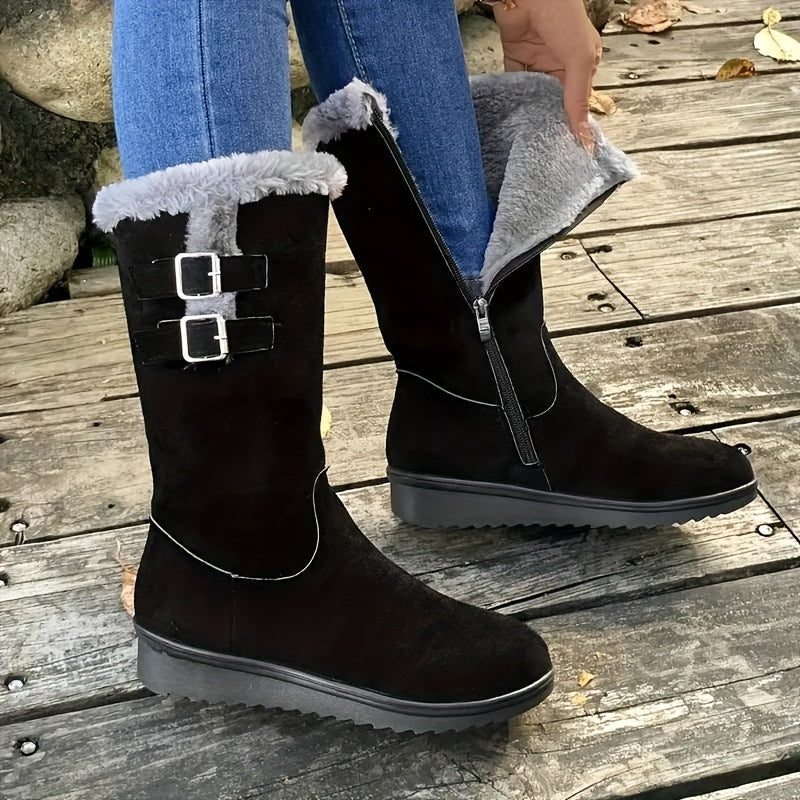 Street Wave Women Suede Mid Calf Snow Boots With Faux Fur Lining Side Zip Warm Winter Fashion Essentials