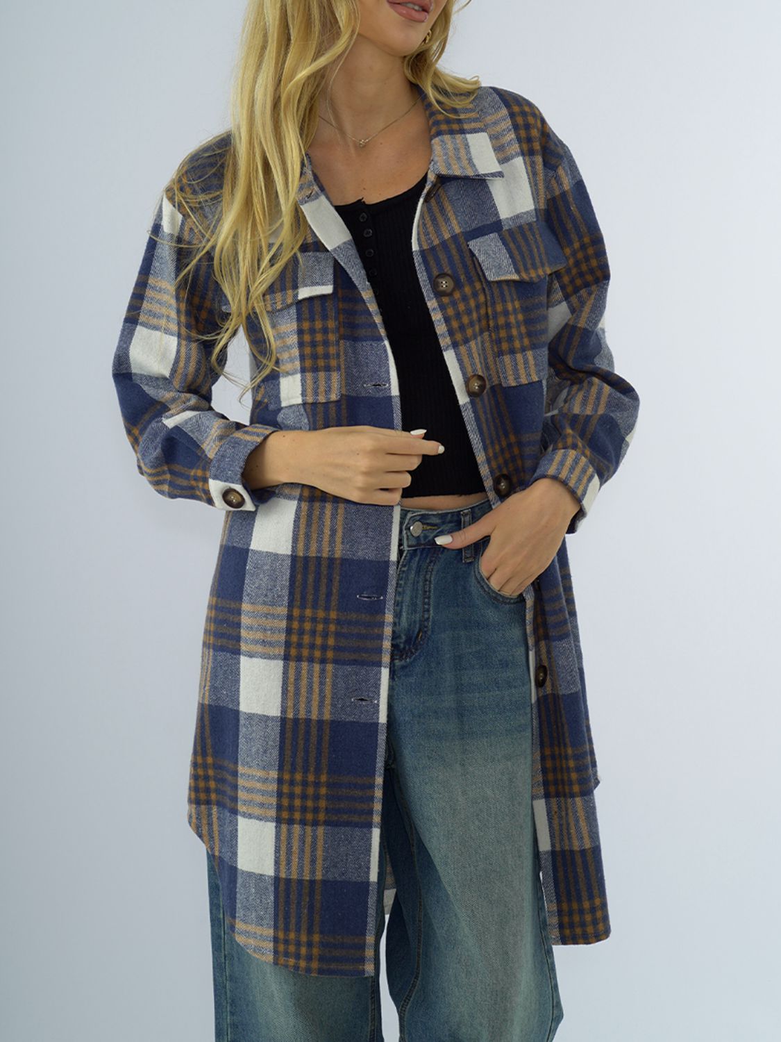 Street-Wave Plaid Longline Coat For Women With Button Closure Cozy Chic Outerwear