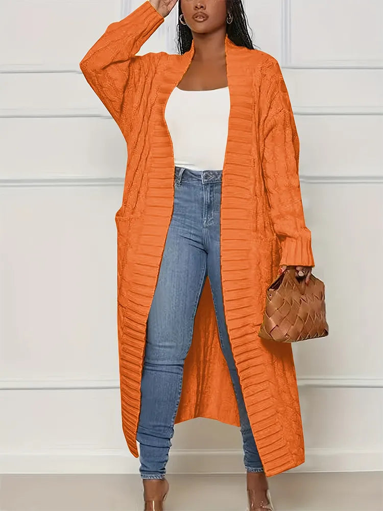 Street-Wave Long Knit Cardigan for Women Open Front Yellow Cable Knit Cozy Coat for Everyday Wear